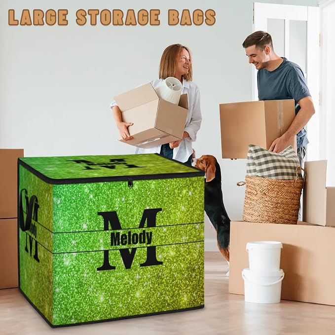 Custom Extra Large Storage Baskets with Name Initial Letter, Personalized Storage Bins Basket Boxes for Clothes Blanket Bedroom Closet Organizing Toys Shelves, Bright Green Sequins Glitters