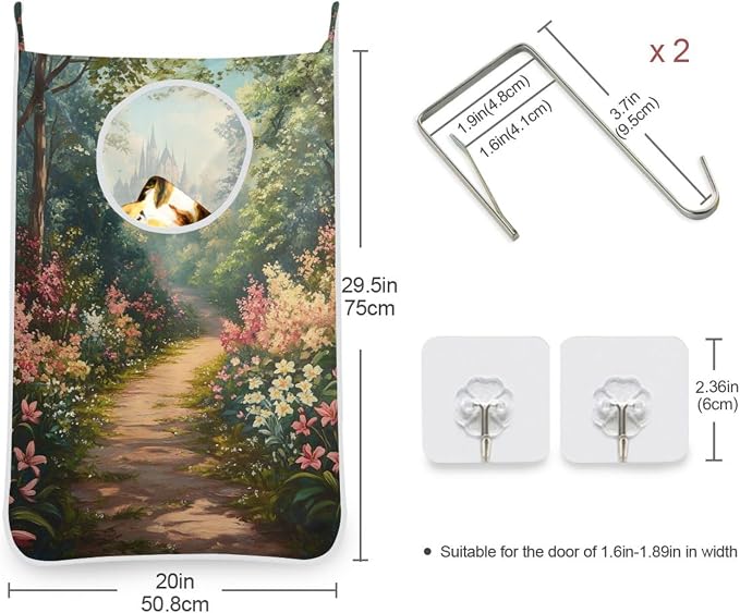 2PCS Hanging Laundry Hamper Bag Over the Door Laundry Hamper Wall Hamper Large Dirty Clothes Hamper with Stainless Steel Hooks 29.5x20Inch Lily Flowers Bush and Forest Castle