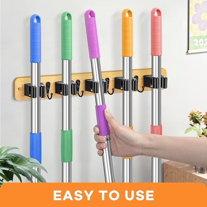 IMILLET Broom Holder Wall Mount, Rustic Broom Hanger for Laundry Room | Broom and Mop Organization and Storage, Mop Holder for Home Decor,Garden,Garage,Closet,5 Racks and 4 Hooks