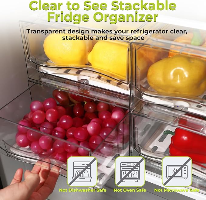 4Pack Fridge Organizer, Stackable Refrigerator Organizer Bins | Reusable Food Storage Containers, BPA-Free with Drain Tray for Kitchen, Refrigerator, Pantry (4 Drawers, Large, Medium)
