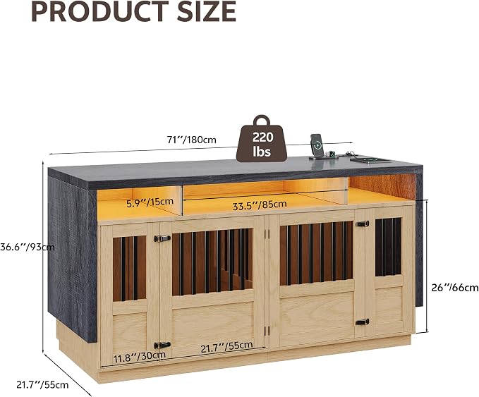Furniture Dog Crate, 71" Double Dog Crate Furniture Natural & Grey | with Divider & Power Outlet, Heavy Duty Dog Kennel Furniture for Medium Dogs, Wooden Large Dog Crate with Storage