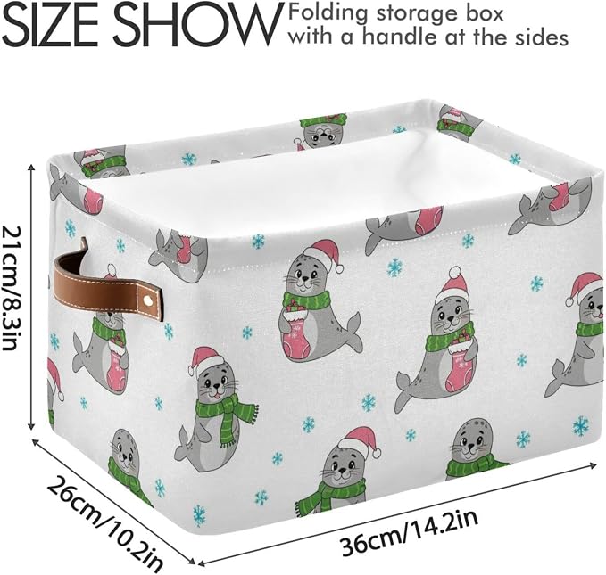 Christmas Seal White Print Rectangular Storage Bin Basket with Handles - Organizer Bin for Books Clothes Laundry Basket for Pets Playroom