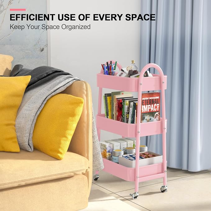 3 Tier Utility Rolling Cart, Metal Storage Cart with Handle and Lockable Wheels, Multifunctional Storage Organizer Trolley with Mesh Baskets for Kitchen, Living Room, Office, Garage (Pink)