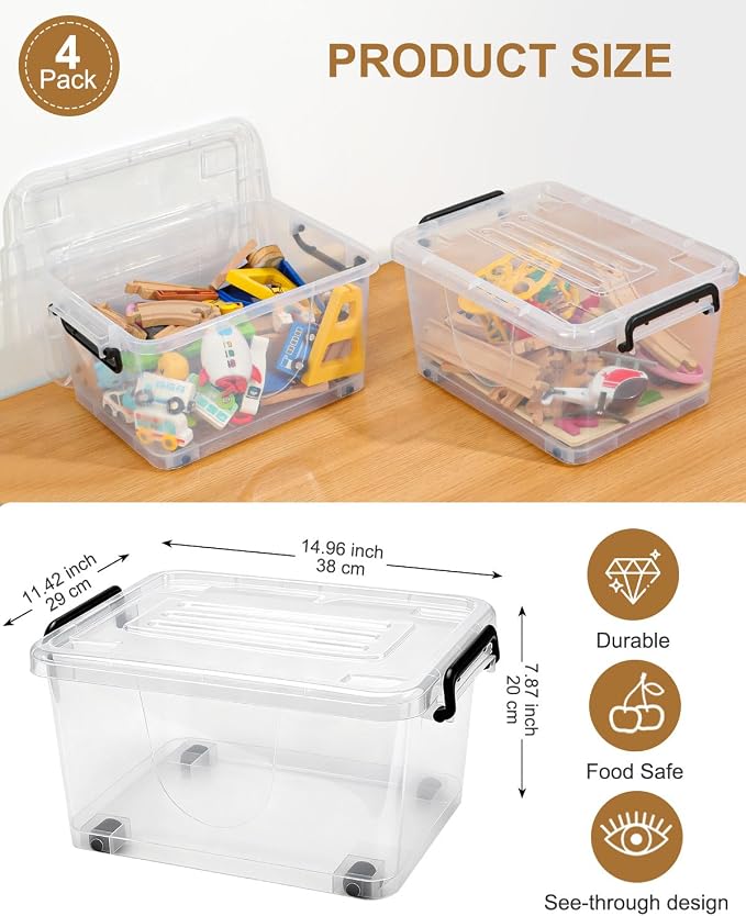 NUMIFUN 15QT Storage Bins with lids, Stackable Space Saver for Family | 4-pack BPA-free plastic boxes with secure latches. Deep recessed lids ensure safe stacking for closet & garage storage.
