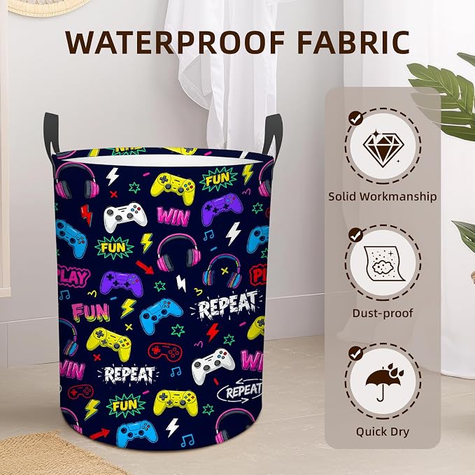 Game Laundry Hamper Boy Baby, Waterproof Laundry Basket for Bedroom, Round Collapsible Storage Bin with Handles for Toys, Nursery Hamper Storage Basket for Bathroom, Game Room Decor, 13.8x17.7in