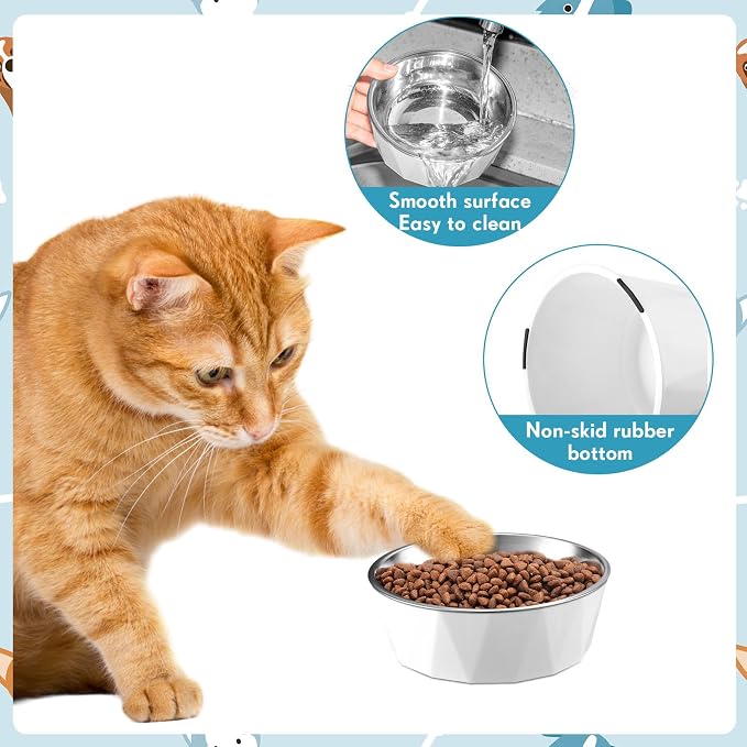Lallisa Cat Feeder, 2 Pcs Elevated Stainless Steel Bowls with Adjustable Raised Stand, Non-Slip Pet Food and Water Bowl for Cats, Dogs, Hygienic Feeding Eating Pets (Blue, White)