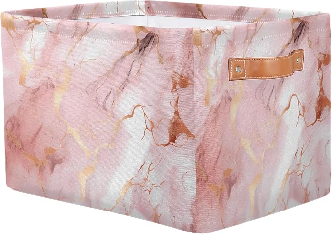 AUUXVA Storage Basket Rose Gold Marble Texture Storage Cube Box Durable Canvas Collapsible Toy Basket Organizer Bin with Handles for Shelf Closet Bedroom Home Office