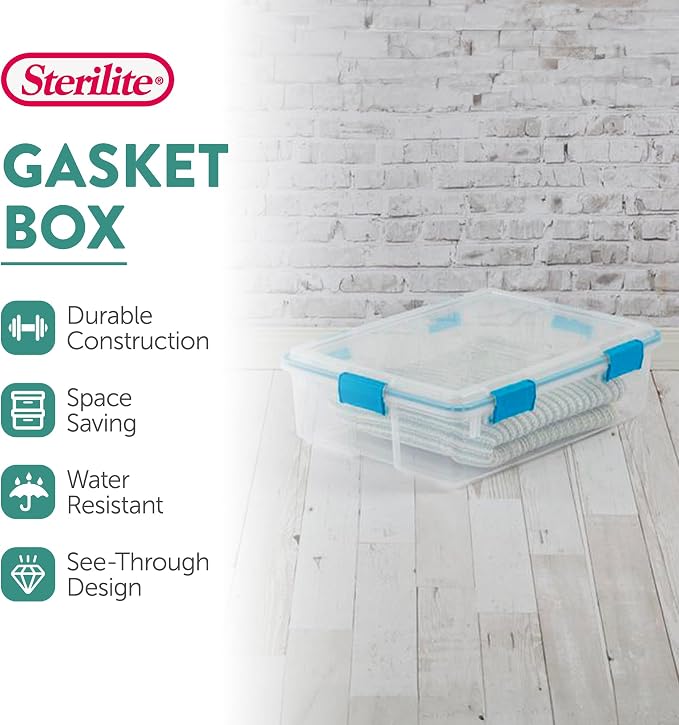 Sterilite Gasket Storage Box with Lids for Home & Office, 37 Quart, 8-Pack | Heavy-Duty, Stackable, and Organizing Containers for Bathroom, Cabinet, Closet, and Garage, Clear and Blue Aquarium Latches