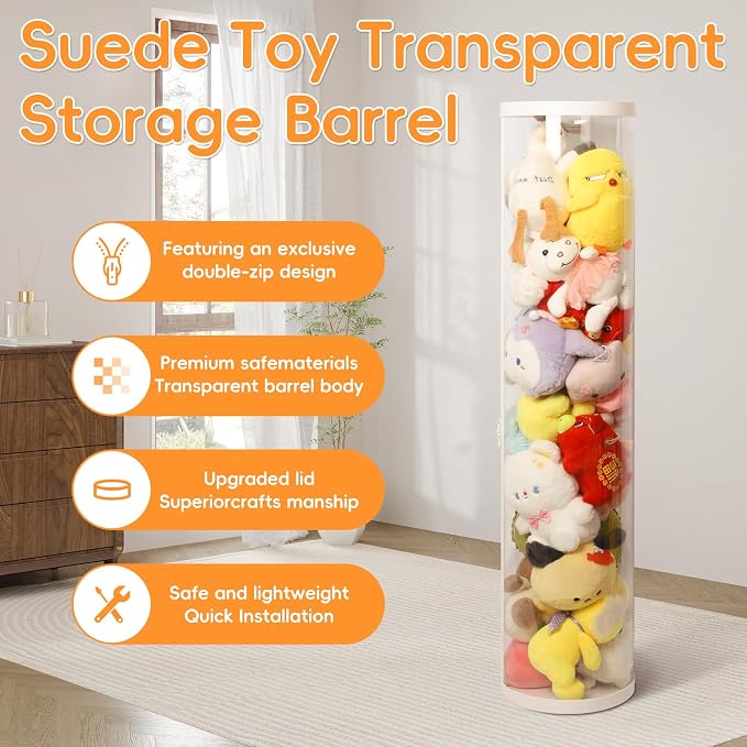 47.2 Inch Zippered Stuffed Animal Storage Tube Large Capacity Space Saver | Large capacity transparent stuffed animal storage tube with zipper Quick assembly stuffed animal tube organizer