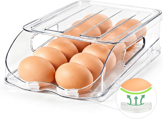 SMRCAD 12-Egg Dispenser with Silicone Bumpers, Auto-Rolling, Stackable | BPA-free food-grade PET | Stackable with lid | Built-in handle | Fits Large to Jumbo Eggs | Hand wash only