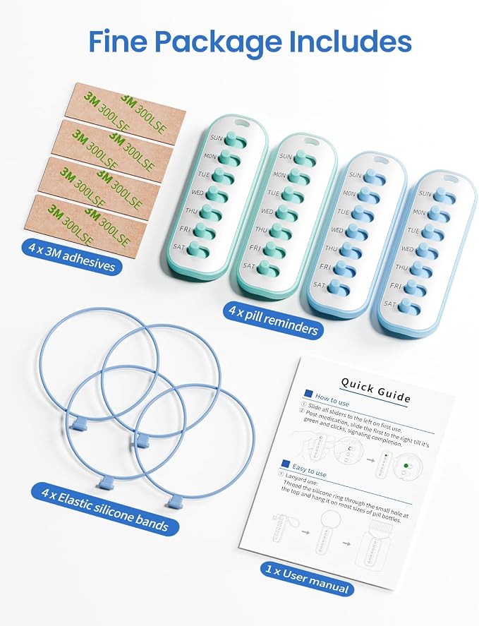 4 Pack Pill Reminder, Lanyad or Sticker, Twice Daily/Weekly Pill Tracker | 7 Day AM PM Weekly Medication Tracker for Elderly, No batteries Required，4 Times a Day Blue & Green