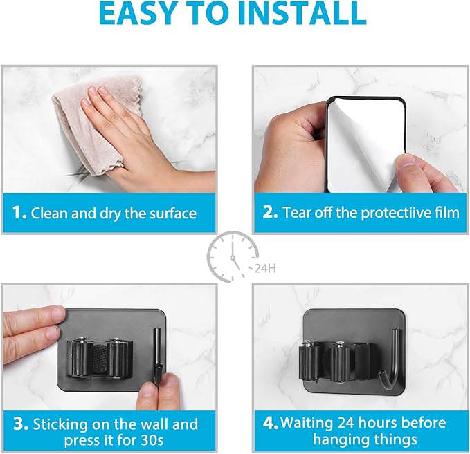 homeasy Broom Holder Wall Mount 6Pcs, Self Adhesive Mop Broom Hanger Black | Self adhesive stainless steel broom organizer with 4 hooks, holds mops, brooms and garden tools without drilling