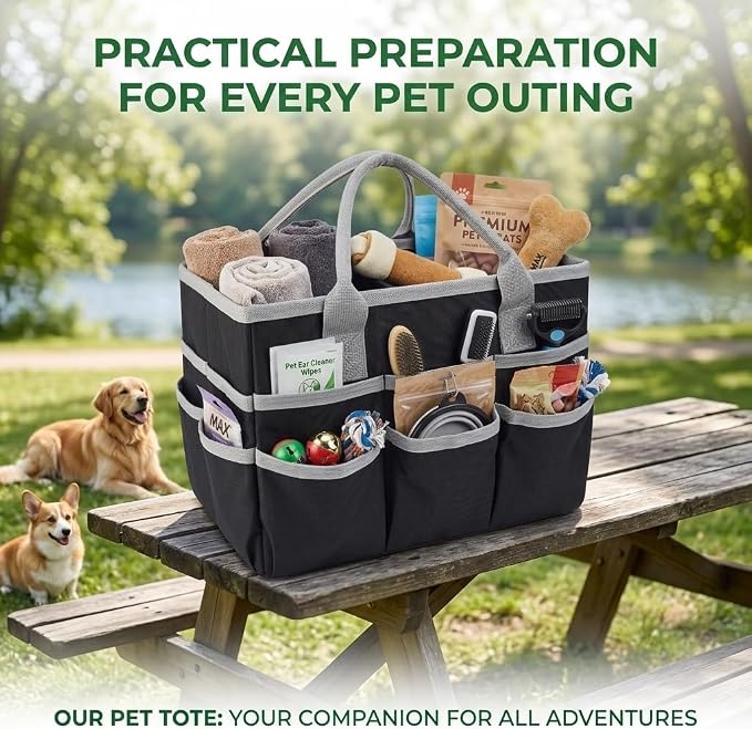 Pet Grooming Bag, Dog Grooming Organizer Tote with 10 Pockets, Dog Storage Organizer with Sturdy Handle for Grooming Supplies, Toys, Treats, Leash (Bag ONLY) (Black)