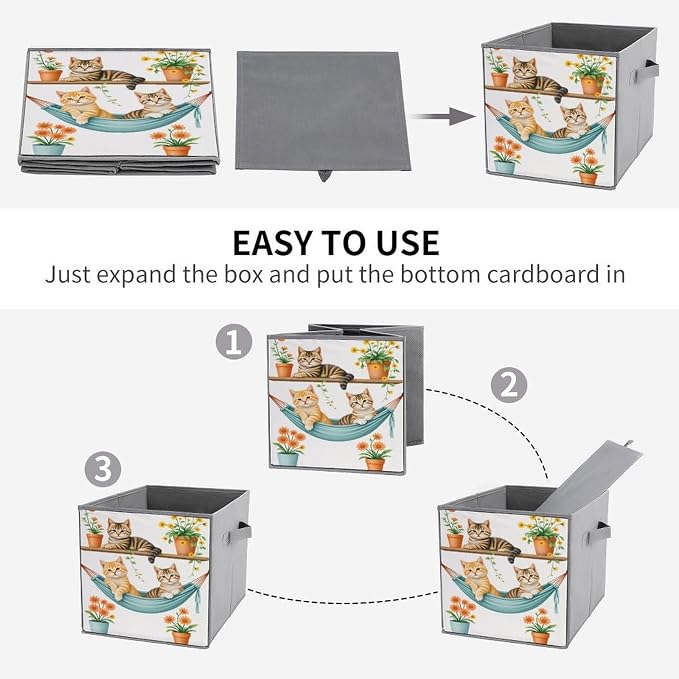 Animal Cat Flower Foldable Storage Bins, 10.6" Cube Storage Organizer, Sturdy Oxford Cloth Fabric Baskets for Closet, Shelf, Nursery, Bedroom, Decorative Printed Box for Toys & Clothes