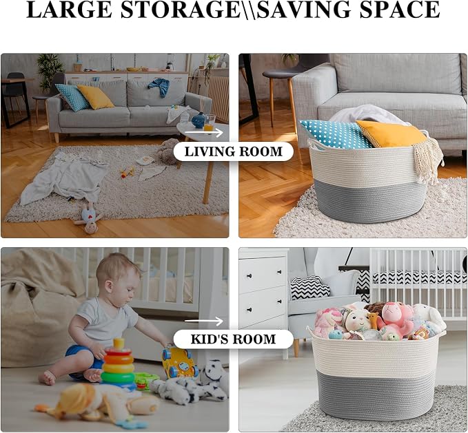 XXXLarge Blanket Basket Living Room - 22" x 22" x 14" Cotton Rope Baskets for Storage - Large Woven Basket for Toys, Towels, Pillows, Clothes- Rope Laundry Basket with Handles - Nursery Hamper Bin