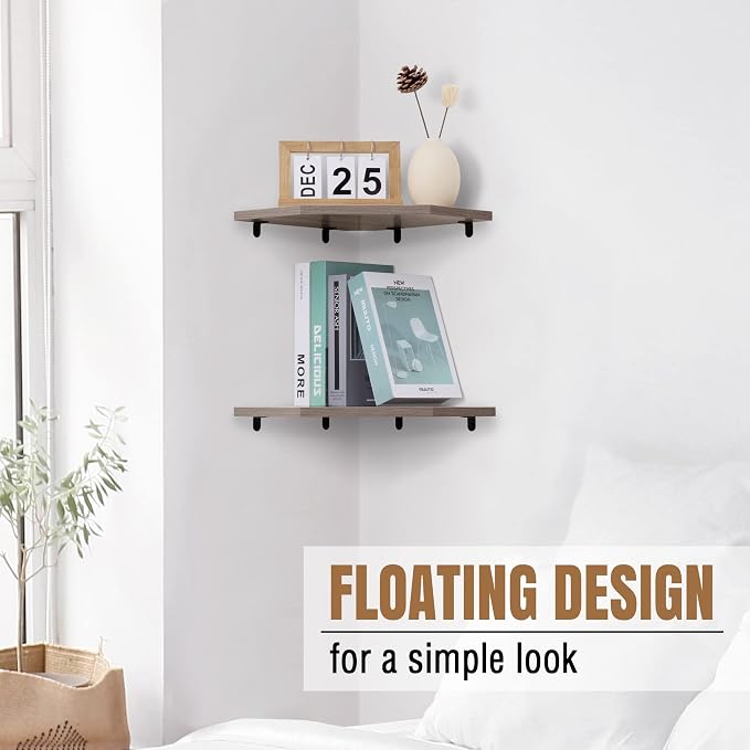 Fun Memories Corner Shelf Wall Mount, Floating Corner Shelves, Set of 2 Corner Wall Shelf Organizer, Rustic Wood Wall Storage Display Shelves for Living Room Bedroom Bathroom Kitchen, Rustic Grey