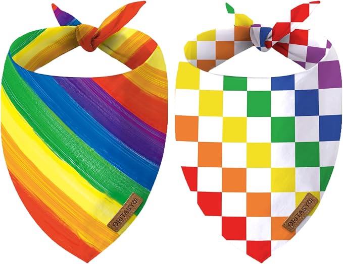 Pride Rainbow Dog Bandanas, 2-Pack Triangle Reversible LGBT Love Pet Scarves, Premium Fabric, LGBTQ Bandana for All Dogs (Large, Style 25-1)
