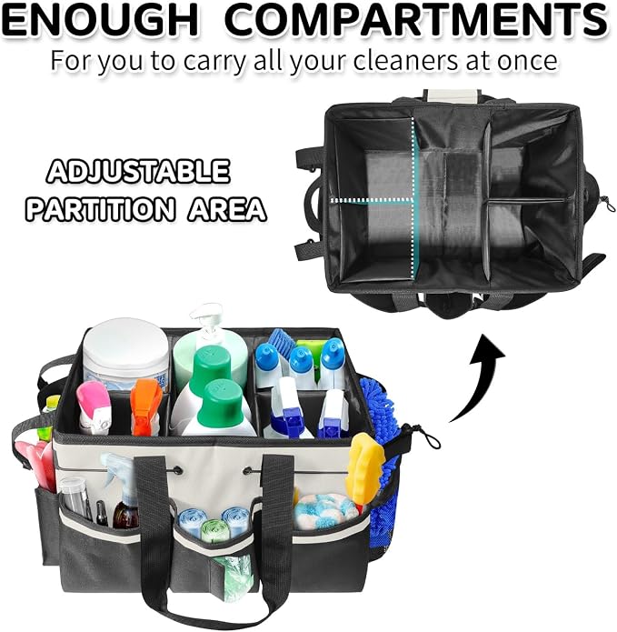 Boczif Cleaning Caddy Bag Wearable,Cleaning Caddy Supplies Organizer(White) | with Handle, Shoulder Straps & Detachable Divide, Cleaning Tool Organizers Tote Bag for Cleaners & Housekeepers