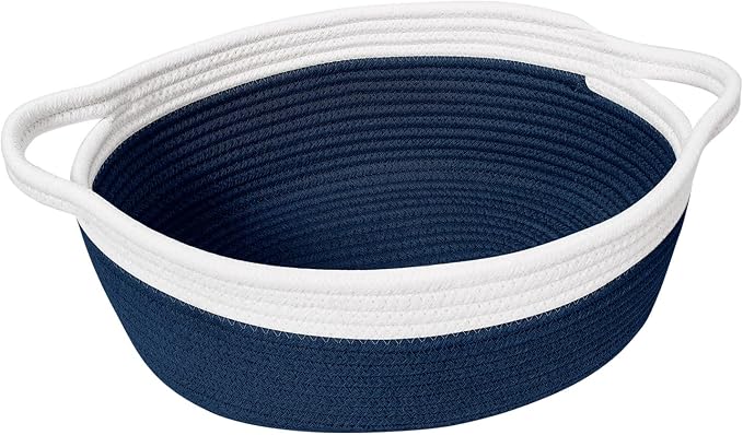 Goodpick Small Woven Rope Gift Basket Empty, 12"x 8"x 5", Navy Blue | Baby Boy Basket for Baby Showers Toys, Fit Nursery Living Room Decor, Basket for Organizing with Durable Handles