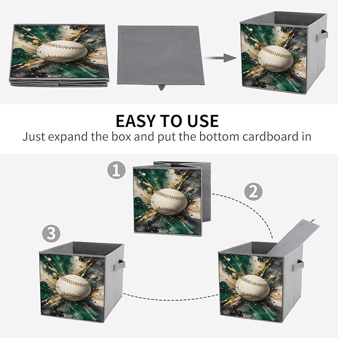 Baseball Art Abstract Splash Design Storage Bin with Handles, Oxford Fabric Foldable Storage Cube Organizer for Clothes, Towels, Bedroom, Living Room, Home Organization