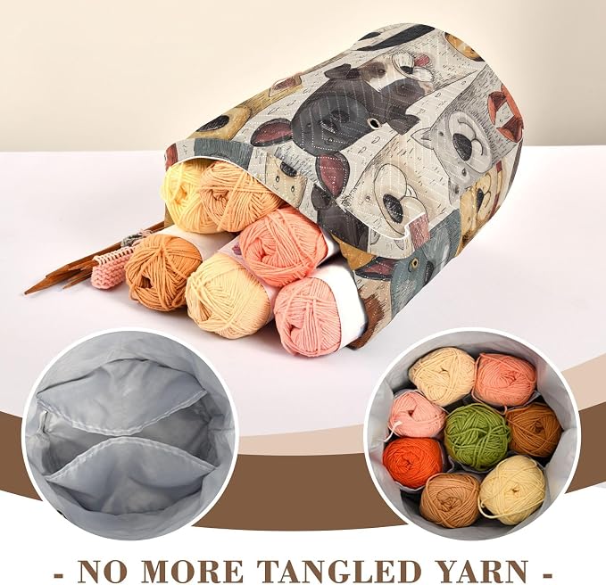 Tatenale Crochet Bag Yarn Bag Knitting Project Bag with Pockets and Handle Portable Yarn Storage Organizer Tangle Free 8.3x11 InchWhimsical Pet Dogs01
