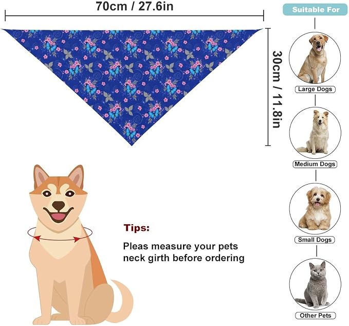 Lightweight Comfy Triangle Pet Scarf with Adjustable Design for Dog Accessories, Outdoor Activities, Casual Daily Use (Blue Butterfly Art)