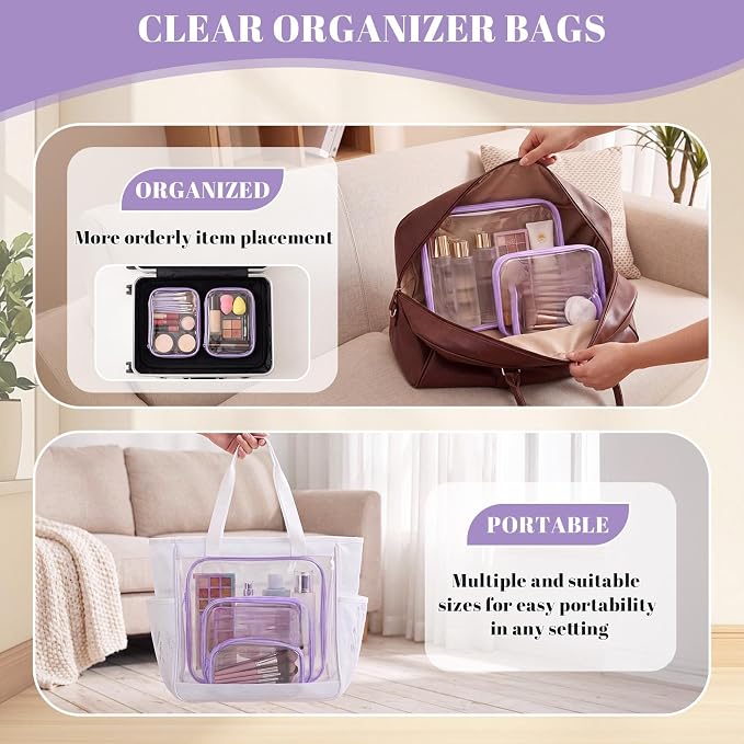12 Pack Clear Hard Shell Zipper Case with 40 Labels, X-Large/Medium/Small Stackable Clear Pouches, Crush-resistant Travel Toiletry Bag Organizer for Makeup Board Games Electronics (Purple)
