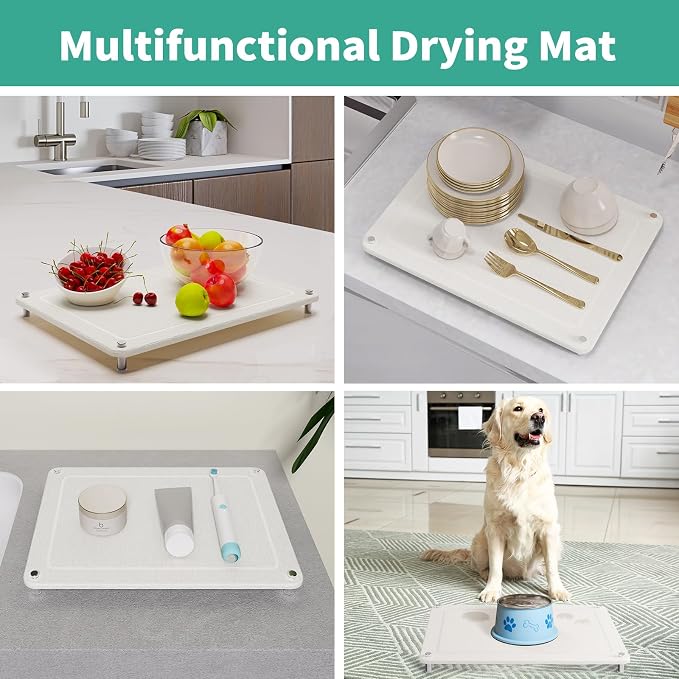 Dish Drying Stone, Water Absorbing Stone Dish Drying Mats for Kitchen Counter, Non-Slip Stone Drying Sink Tray Pad for Dish Bottles Cups, Diatomaceous Earth Sink Caddy Organizer, White