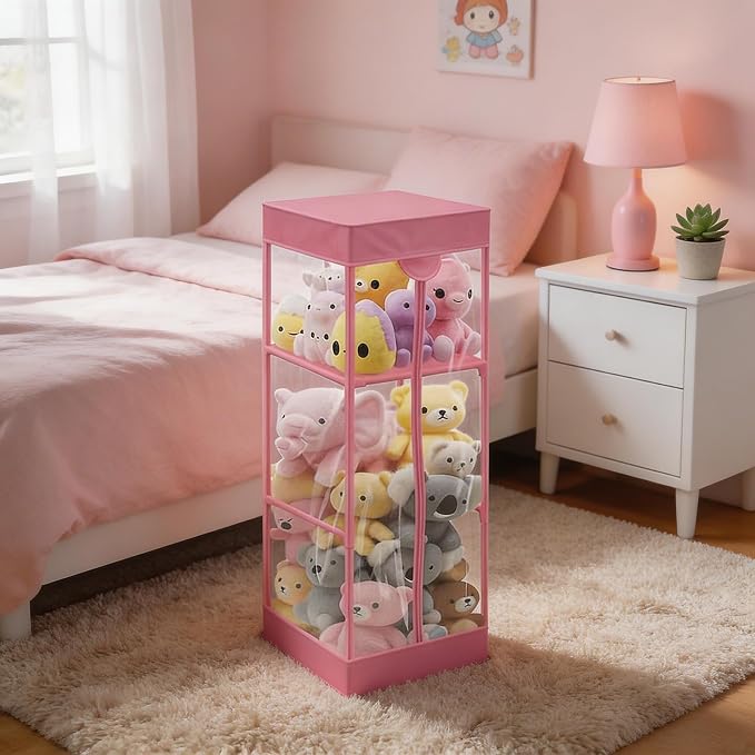 Clear Stuffed Animal Storage Organizer with Zippered Waterproof & Dustproof Cover, Large Stuffed Holder. (Pink, 16.2" L x 16.2" W x 47.2" H)