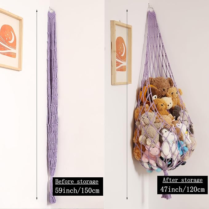 Amdermi Upgrade Stuffed Animal Hammock Corner or Wall Hanging Net for Stuffy Animal Storage Macrame Toy Display Over Door Toy Holder Kid Bedroom Decor Playroom Organizer (Purple)