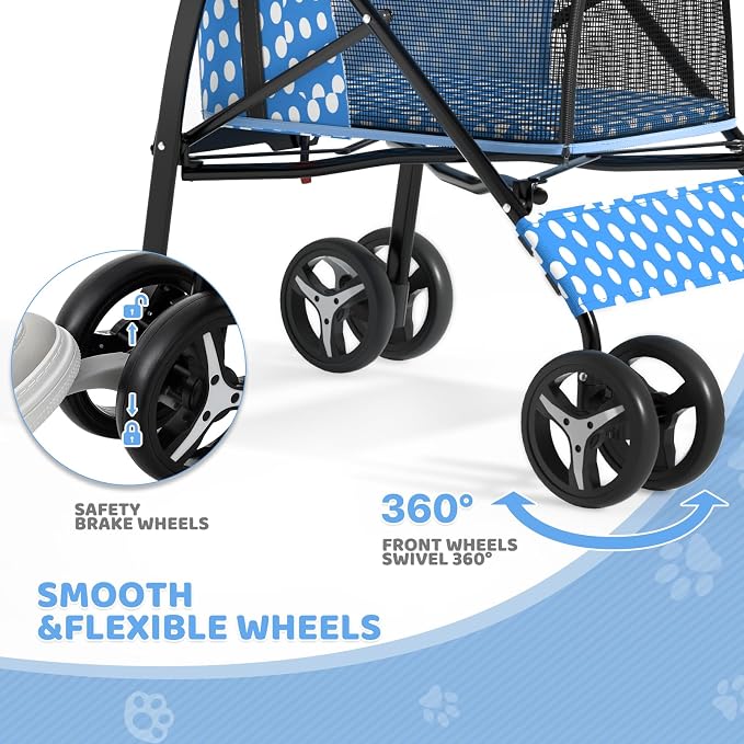 Magshion Compact Fold Pet Travel Stroller for Small Dogs Cats | Up to 22lbs, 4-Wheel Lightweight Umbrella Shaped Design, Safety Tethers, Breathable Mesh, Cup Holder & Rear Storage