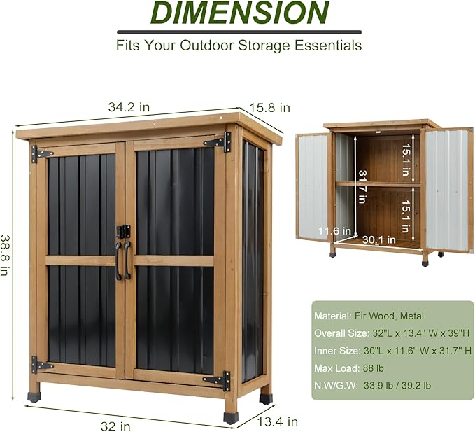 Ketive Small Outdoor Storage Cabinet Wood & Metal, Small Garden Tool Storage Cabinet with Asphalt Roof, Double Lockable Doors & Removable Shelves for Porch, Patio, Garden, Backyard