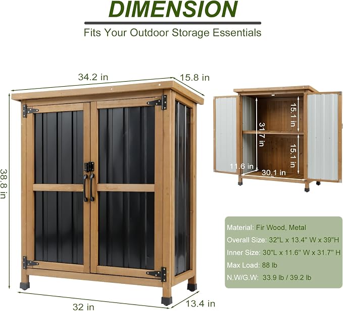 Ketive Outdoor Storage Cabinet, Wood & Metal Small Garden Tool Storage Cabinet with Weather-Resistant Asphalt Roof, Double Lockable Doors & Removable Shelves for Porch, Patio, Garden, Backyard