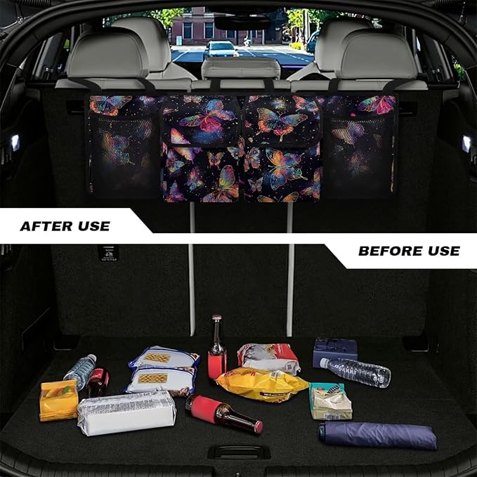 Dreaweet Butterfly Print Trunk Hanging Organizer Backseat Bag Car Interior Accessories with 2 Pockets & 2 Mesh Pouches for Groceries Universal Car Trunk Storage Organizer for SUV Truck Minivan