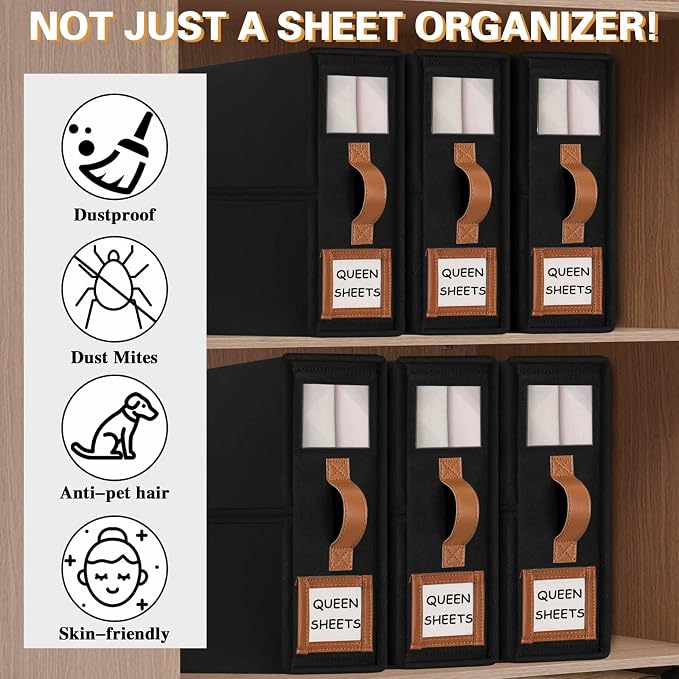 Bed Sheet Organizers and Storage, 4Pack Foldable Organizer for Linen Closet | 800D Thickened Fabric, Clear Window & Labels, Leather Handle, Dust & Moisture Proof, Fits King & Queen Sheet Sets