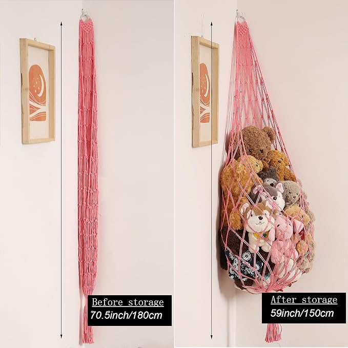 Amdermi Stuffed Animal Net or Hammock Corner Hanging Net for Stuffy Animal Storage Macrame Toy Display Plush Toy Holder Wall Pet Net for Nursery Kid Bedroom Decor Playroom Organizer (Pink XL)