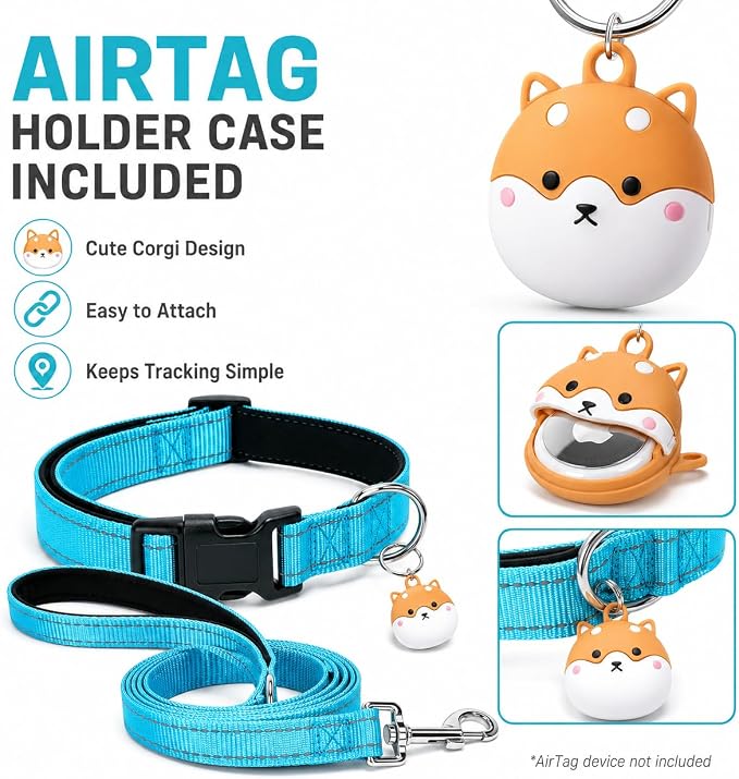 Reflective Soft Neoprene Padded Matching Dog Collar with Leash Airtag Holder Case Set Safety Breathable Adjustable Nylon Dog Collars for X-Small Small Medium Large Dogs-Sky Blue-L