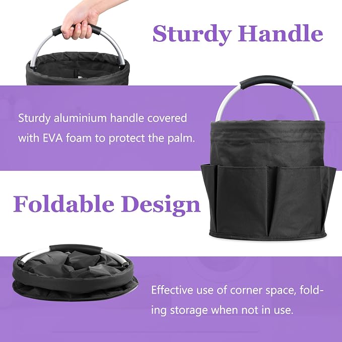 17L Cleaning Caddy with Handle and 6 Pockets, Foldable Cleaning Supply Caddy, Portable Shower Caddy in 600D Oxford Fabric, Multifunctional Storage Basket for Camping, Gardening, Black