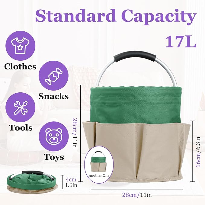 Set of 2 Foldable Cleaning Caddy for Cleaning Supplies, 17L Household Tool Bucket Organizer for Men, Large Cleaning Basket in 600D Oxford Fabric for Travel, Garden, Khaki with Green