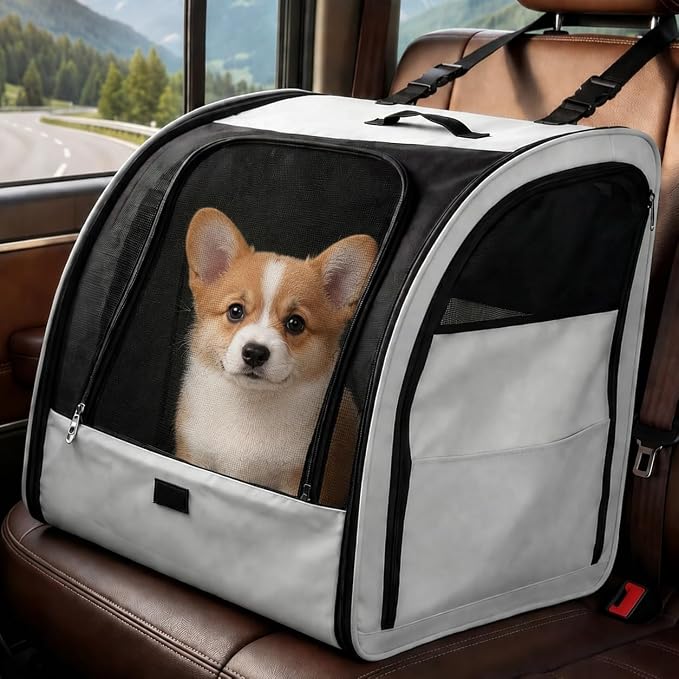Dog Car Seat for Small Medium Dogs & Cats, Soft-Sided, Gray | Collapsible Pet Travel Carrier, Breathable Mesh, Car Kennel Secured with Seatbelt, Washable Pad, Enclosed Backseat Dog Crate