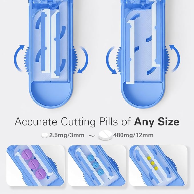 ONE PIX Pill Cutter Splitter for Small and Tiny Pills, Multiple Pill Splitter with Centering Device & Hidden Blade, Adjustable Tablet Cutter for Large Pills, Seniors, Pets, Blue
