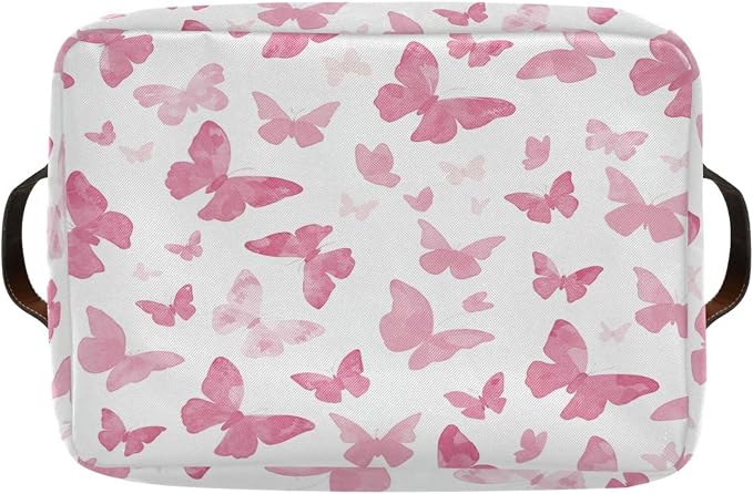 Watercolor Pink Butterfly Storage Basket Bin, Large Cube Storage Box Canvas Collapsible Storage Organizer for Home Office Closet - 15 L x 11 W x 9.5 H