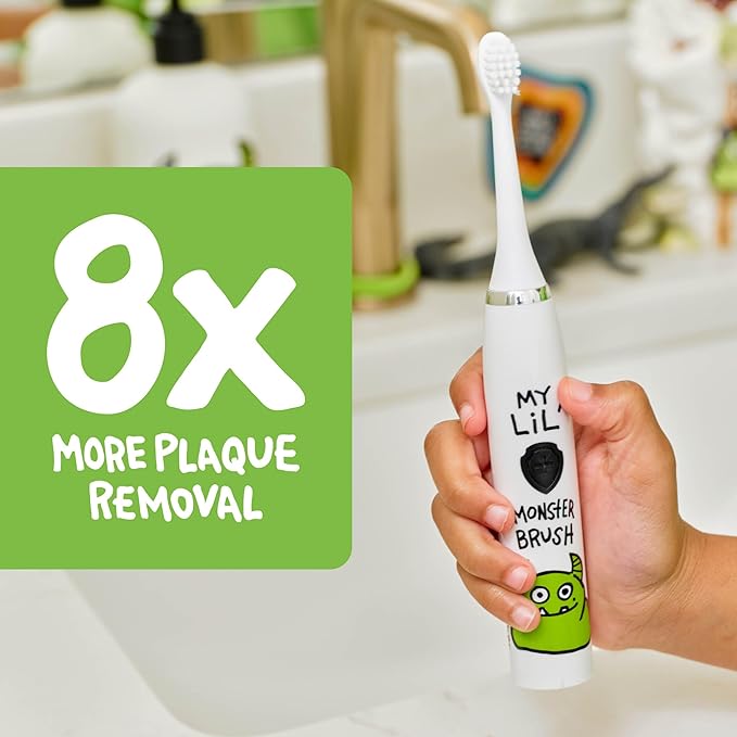 Made by Dentists Kids Electric Toothbrush - Rechargeable Vibrating Toothbrush with Timer, Includes 6 Replacement Heads, Gently Cleans Teeth, Kid & Toddlers Age 2+, Monster