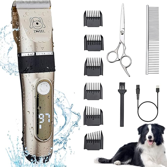 IWEEL Dog Clippers, 2-Speed Professional Rechargeable Cordless Cat Shaver and Low Noise Water Proof Electric Dog Trimmer Pet Grooming Kit Animal Hair Clippers Tool with Scissors Combs