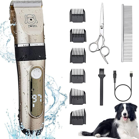 IWEEL Dog Clippers, 2-Speed Professional Rechargeable Cordless Cat Shaver and Low Noise Water Proof Electric Dog Trimmer Pet Grooming Kit Animal Hair Clippers Tool with Scissors Combs