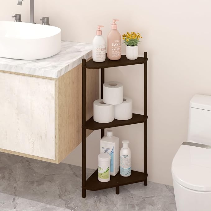 Wisuce Brown Small Corner Shelf Stand, 3-Tier Bamboo Corner Bookshelf | Space-Saving Narrow Corner Shelf | Bathroom Corner Shelf | Shelves for Bedroom, Living Room, Kitchen & Plant Display