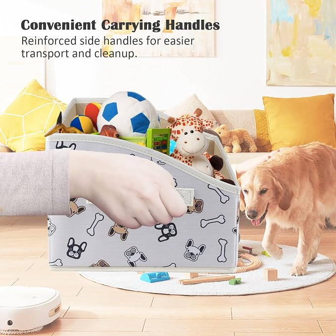 Geyecete Foldable Dog Toy Organizer Boxes - Cloth+Cardboard Trapezoid Storage Box with Handle, Basket for Toys (Beige Dog Head Print)