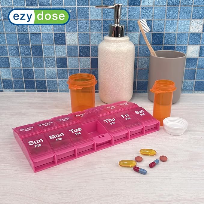 Ezy Dose Weekly (7-Day) AM/PM Pill Organizer, X-Large Medicine Case, Pink | Daily Vitamin Box & Supplement Planner, 2 Times a Day Push Button Compartments, Arthritis-Friendly, Travel-Friendly, BPA-Free