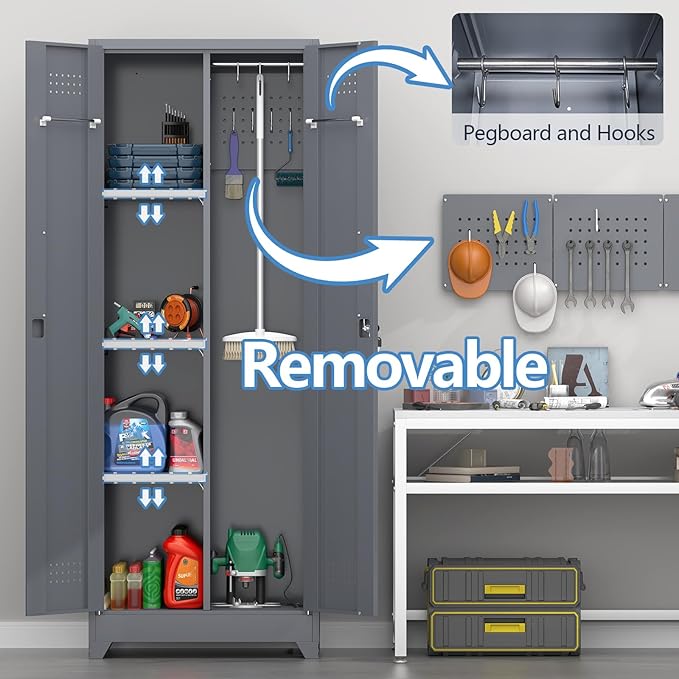 65''H Garage Storage Cabinets, Metal Locking Storage Cabinet with Doors and Shelves, Utility Closet Cabinet with Hanging Rod, Cleaning Storage for Kitchen, Office, Garage