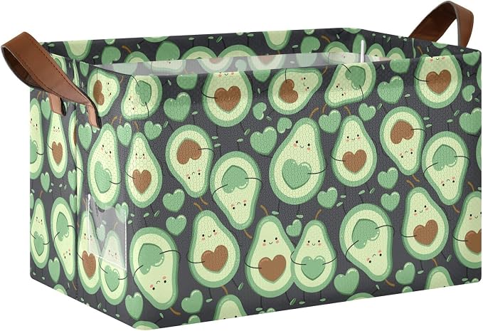 Avocado Green Happy Fruit Storage Bins for Shelves with Labels&Handles Fabric Organizer Bin Foldable Rectangle Storage Basket Boxes for Closet, Bathroom, Home, Living Room